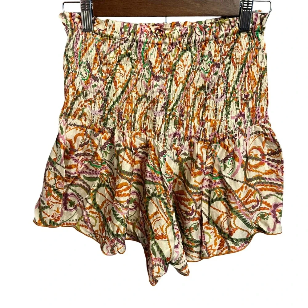 Zara Shorts XS Multicolor Paisley Smocked Ruffle Boho‎ Festival Summer High Rise